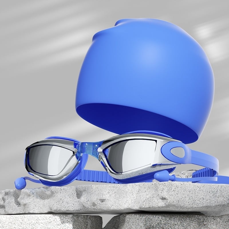 Pieaugušo peldēšanas brilles un cepures komplekts – antifog, lielais rāmis, PC lēcas, ūdensizturīgs