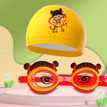 Bērnu peldēšanas brilles ar karikatūru dizainu, PC lēcas, ūdensdrošas un pret miglošanos, komplektā peldcepure