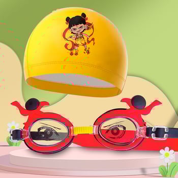 Bērnu peldēšanas brilles ar karikatūru dizainu, PC lēcas, ūdensdrošas un pret miglošanos, komplektā peldcepure