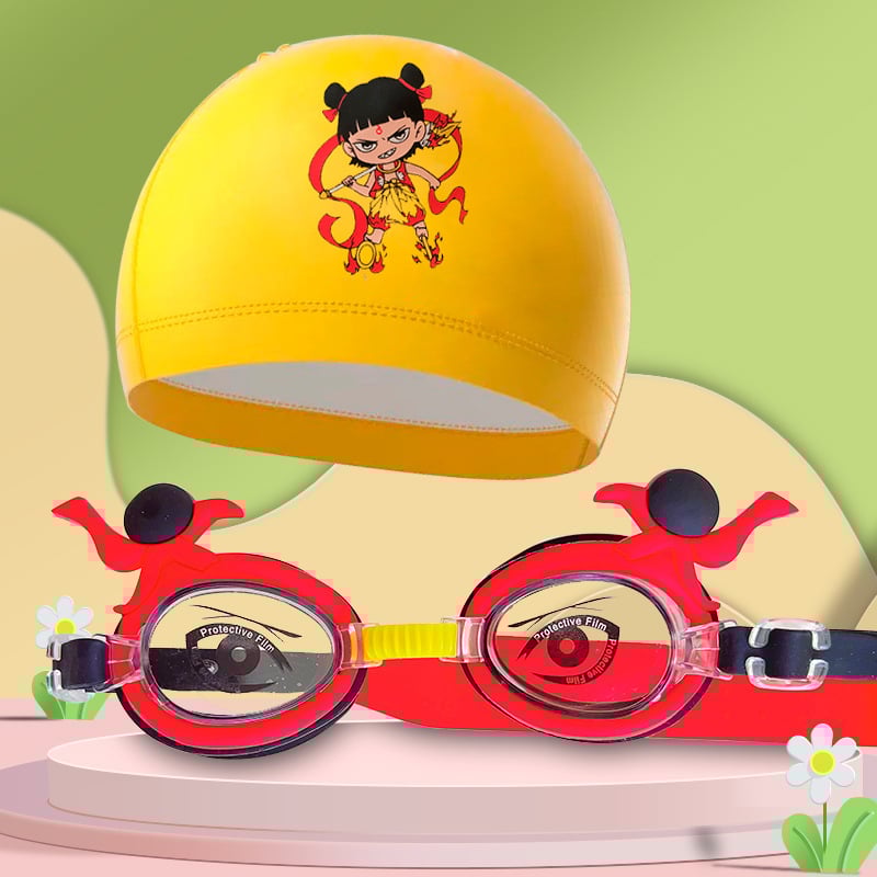 Bērnu peldēšanas brilles ar karikatūru dizainu, PC lēcas, ūdensdrošas un pret miglošanos, komplektā peldcepure