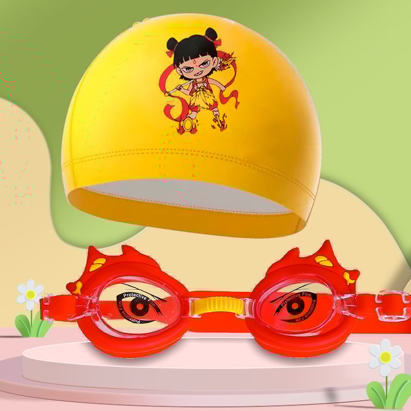 Bērnu peldēšanas brilles ar karikatūru dizainu, PC lēcas, ūdensdrošas un pret miglošanos, komplektā peldcepure