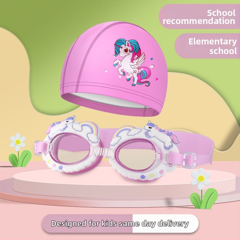 Bērnu peldēšanas brilles ar karikatūru dizainu, PC lēcas, ūdensdrošas un pret miglošanos, komplektā peldcepure