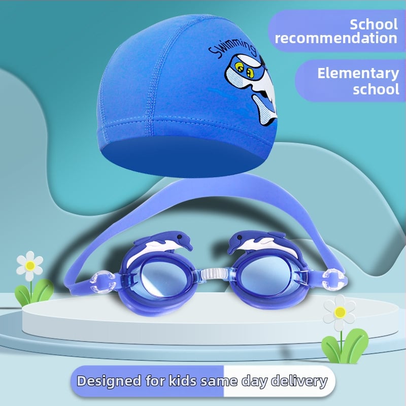 Bērnu peldēšanas brilles ar karikatūru dizainu, PC lēcas, ūdensdrošas un pret miglošanos, komplektā peldcepure
