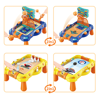 Divu vienā galda spēle: basketbols un futbols — plastmasas konstrukcija, divu spēlētāju duelis, iepakojums kastē, vecums 4–14