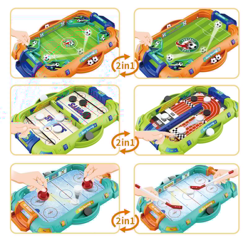 Divu vienā galda spēle: basketbols un futbols — plastmasas konstrukcija, divu spēlētāju duelis, iepakojums kastē, vecums 4–14