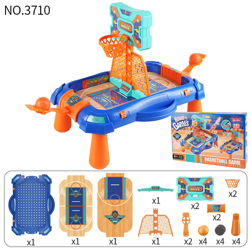Divu vienā galda spēle: basketbols un futbols — plastmasas konstrukcija, divu spēlētāju duelis, iepakojums kastē, vecums 4–14