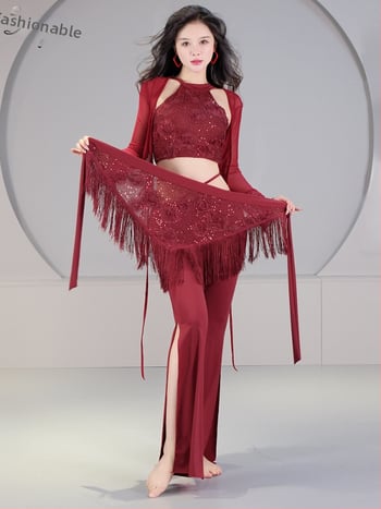 Pilvo šokio kostiumo komplektas su 3D sequin gėlėmis, krištolo medvilnė ir tinklas, pagrindinis audinys spandeksas, 2023 vasara, moterims 25–29