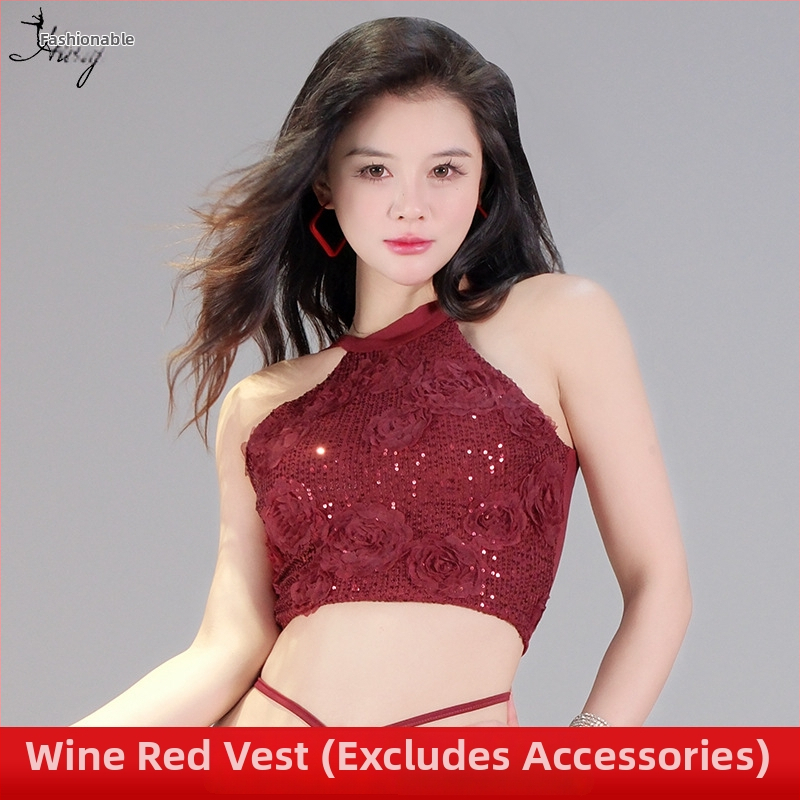 Pilvo šokio kostiumo komplektas su 3D sequin gėlėmis, krištolo medvilnė ir tinklas, pagrindinis audinys spandeksas, 2023 vasara, moterims 25–29