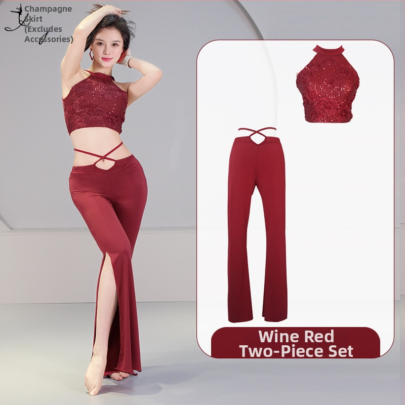 Pilvo šokio kostiumo komplektas su 3D sequin gėlėmis, krištolo medvilnė ir tinklas, pagrindinis audinys spandeksas, 2023 vasara, moterims 25–29