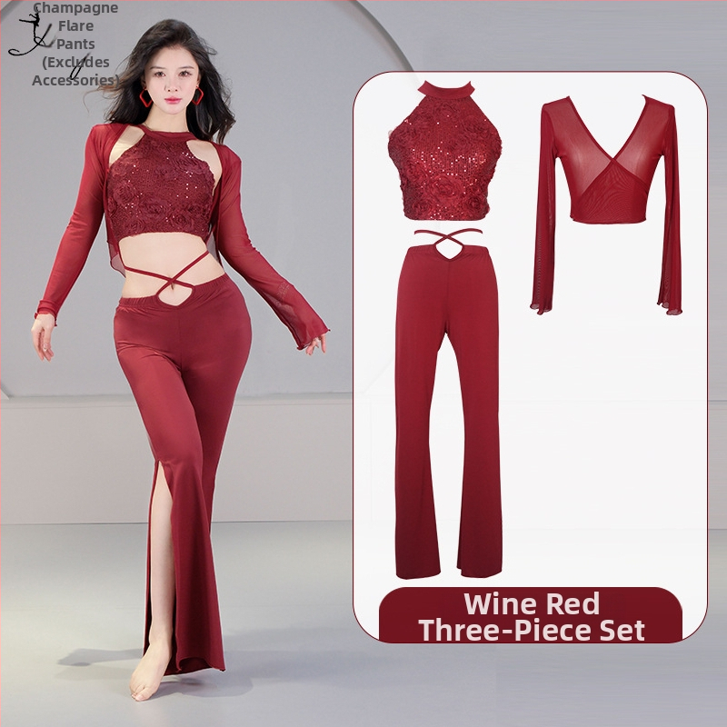 Pilvo šokio kostiumo komplektas su 3D sequin gėlėmis, krištolo medvilnė ir tinklas, pagrindinis audinys spandeksas, 2023 vasara, moterims 25–29