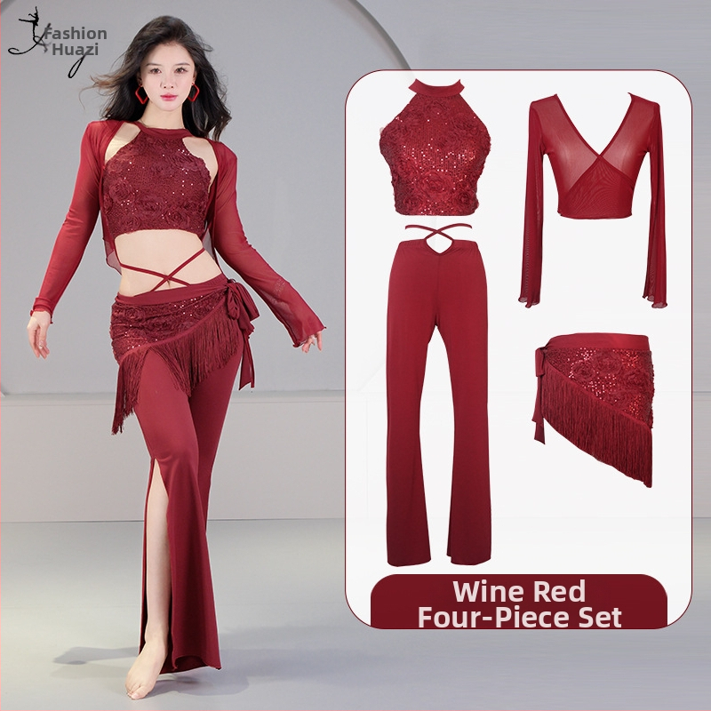 Pilvo šokio kostiumo komplektas su 3D sequin gėlėmis, krištolo medvilnė ir tinklas, pagrindinis audinys spandeksas, 2023 vasara, moterims 25–29