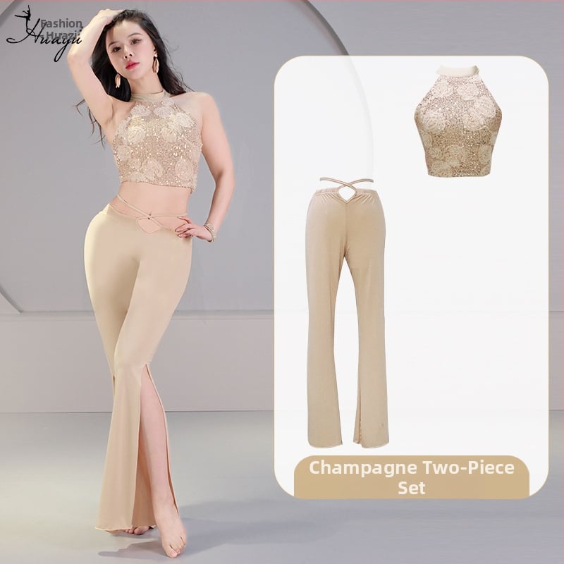 Pilvo šokio kostiumo komplektas su 3D sequin gėlėmis, krištolo medvilnė ir tinklas, pagrindinis audinys spandeksas, 2023 vasara, moterims 25–29