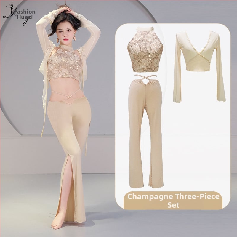 Pilvo šokio kostiumo komplektas su 3D sequin gėlėmis, krištolo medvilnė ir tinklas, pagrindinis audinys spandeksas, 2023 vasara, moterims 25–29