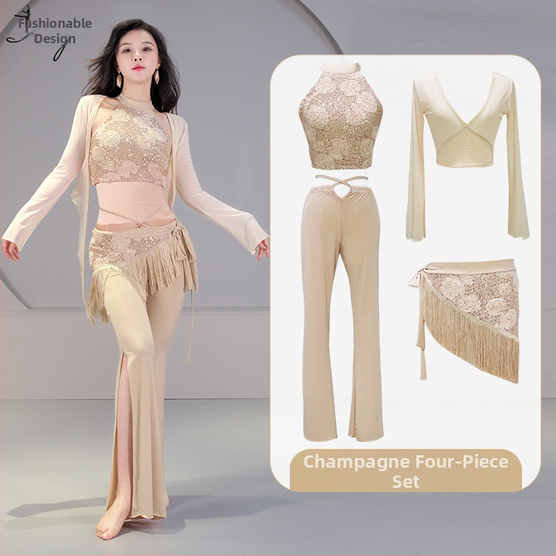 Pilvo šokio kostiumo komplektas su 3D sequin gėlėmis, krištolo medvilnė ir tinklas, pagrindinis audinys spandeksas, 2023 vasara, moterims 25–29