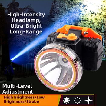 Κεφαλικός φακός LED, αδιάβροχος, περιστροφή 360°, χειροκίνητη φόρτιση, εμβέλεια 200–500 μ για πεζοπορία, κατασκήνωση και αλιεία