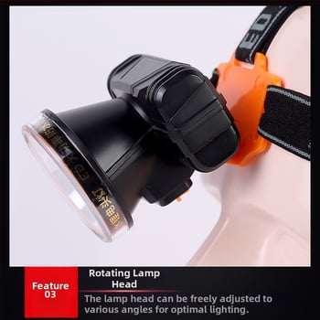 Κεφαλικός φακός LED, αδιάβροχος, περιστροφή 360°, χειροκίνητη φόρτιση, εμβέλεια 200–500 μ για πεζοπορία, κατασκήνωση και αλιεία