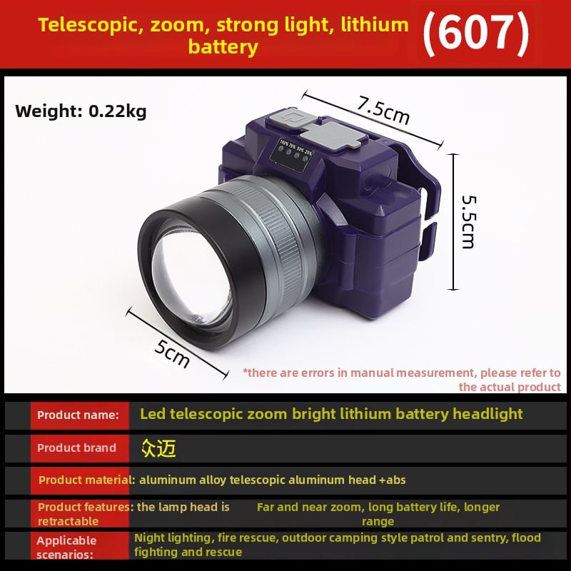 Κεφαλικός φακός LED, αδιάβροχος, περιστροφή 360°, χειροκίνητη φόρτιση, εμβέλεια 200–500 μ για πεζοπορία, κατασκήνωση και αλιεία