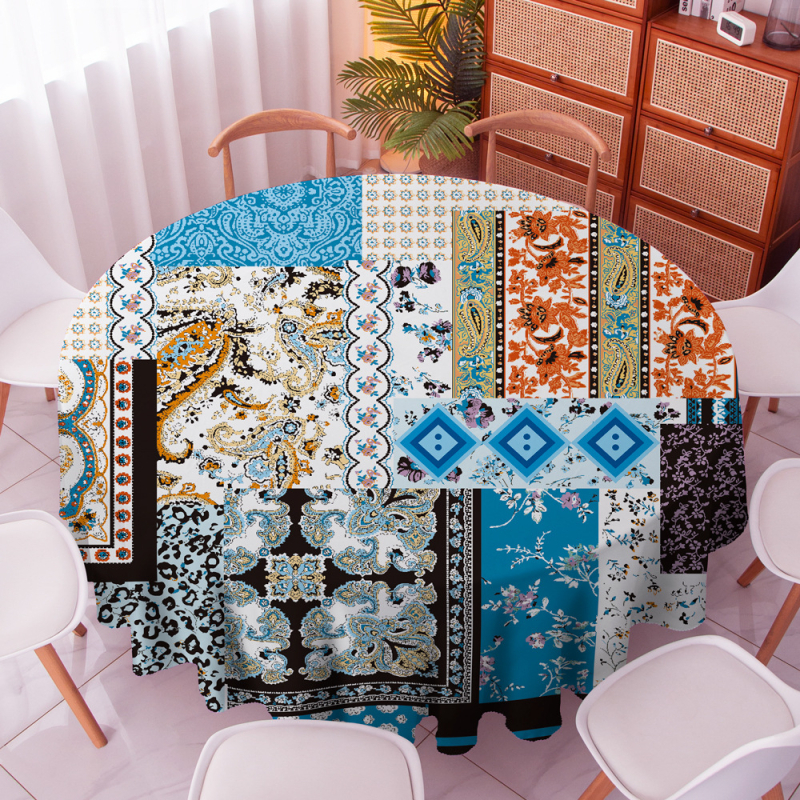 Boemski okrugli stolnjak, 100% poliester, vodootporan, otporan na prašinu, otporan na visoke temperature