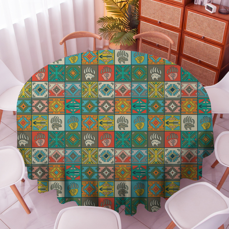 Boemski okrugli stolnjak, 100% poliester, vodootporan, otporan na prašinu, otporan na visoke temperature