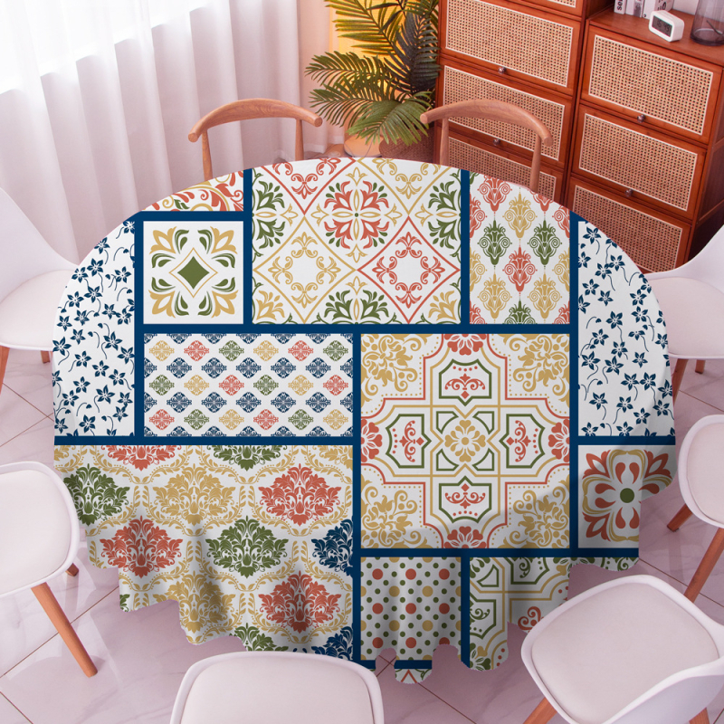 Boemski okrugli stolnjak, 100% poliester, vodootporan, otporan na prašinu, otporan na visoke temperature