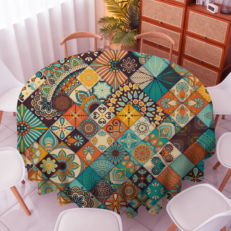 Boemski okrugli stolnjak, 100% poliester, vodootporan, otporan na prašinu, otporan na visoke temperature