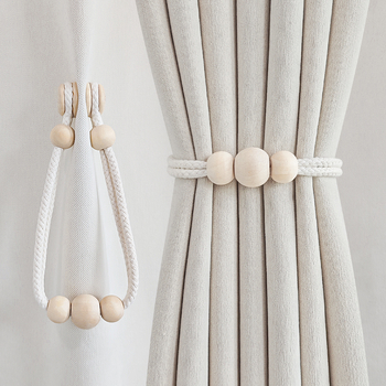 Pár függönyhurok pamutszövet és fa gyöngyökkel, mágneses kapocs a függönyhöz, tároló klipek