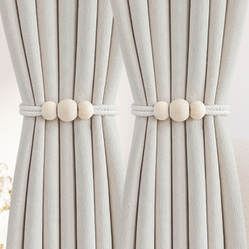 Pár függönyhurok pamutszövet és fa gyöngyökkel, mágneses kapocs a függönyhöz, tároló klipek