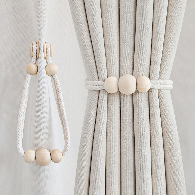 Pár függönyhurok pamutszövet és fa gyöngyökkel, mágneses kapocs a függönyhöz, tároló klipek