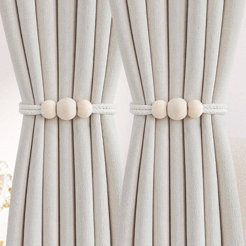 Pár függönyhurok pamutszövet és fa gyöngyökkel, mágneses kapocs a függönyhöz, tároló klipek