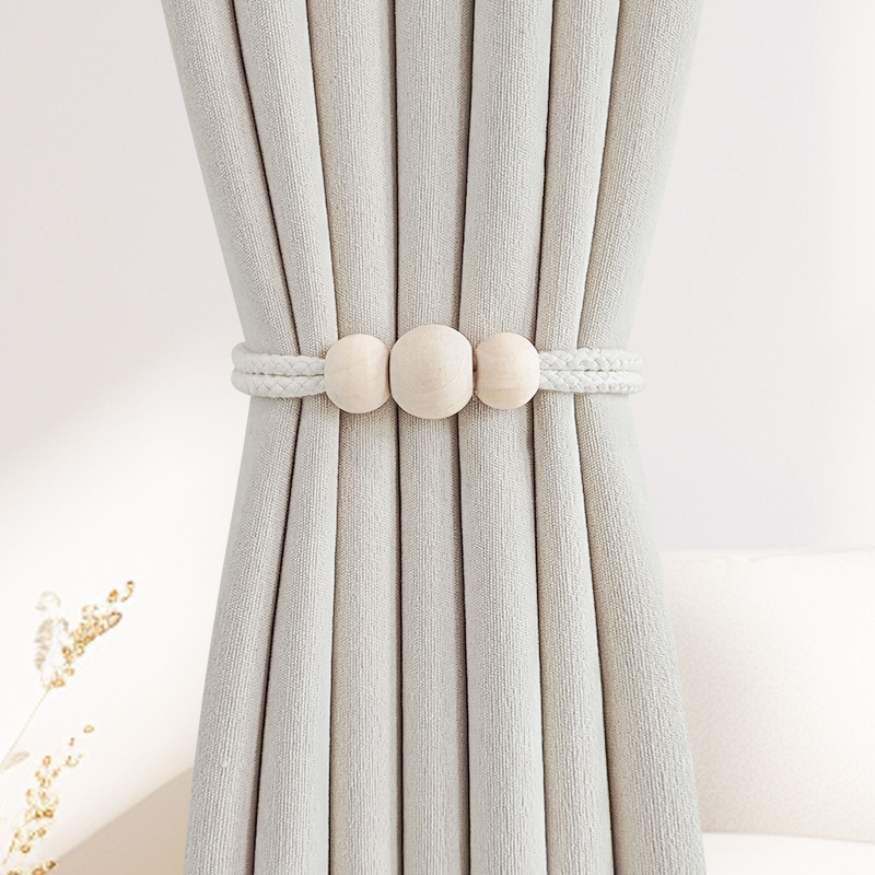 Pár függönyhurok pamutszövet és fa gyöngyökkel, mágneses kapocs a függönyhöz, tároló klipek