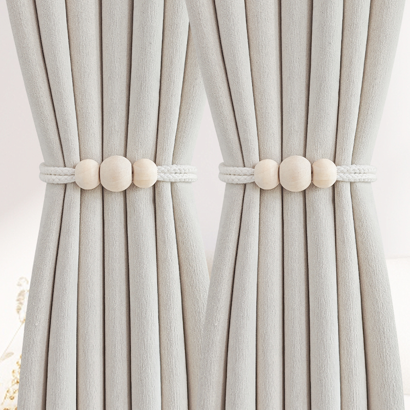 Pár függönyhurok pamutszövet és fa gyöngyökkel, mágneses kapocs a függönyhöz, tároló klipek