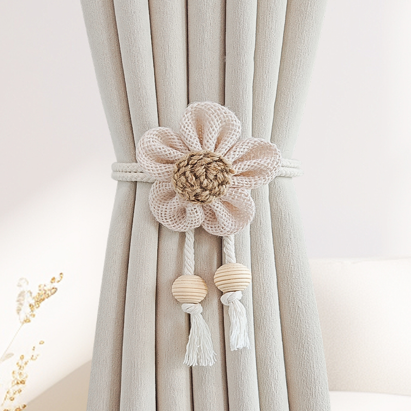 Pár függönyhurok pamutszövet és fa gyöngyökkel, mágneses kapocs a függönyhöz, tároló klipek