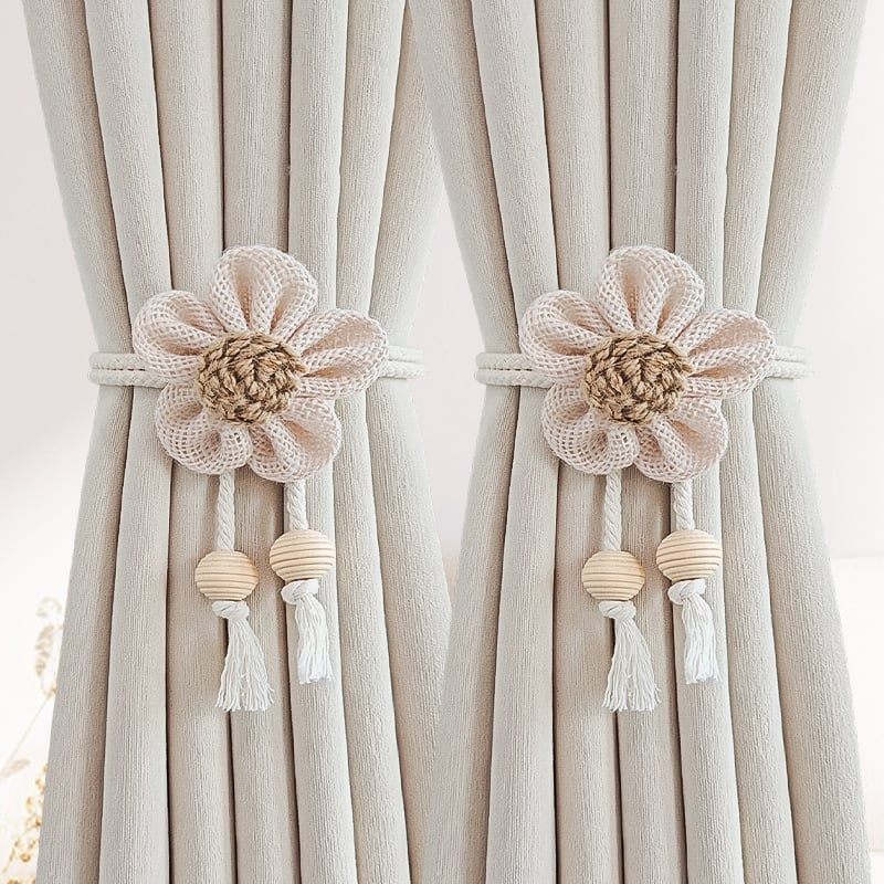 Pár függönyhurok pamutszövet és fa gyöngyökkel, mágneses kapocs a függönyhöz, tároló klipek