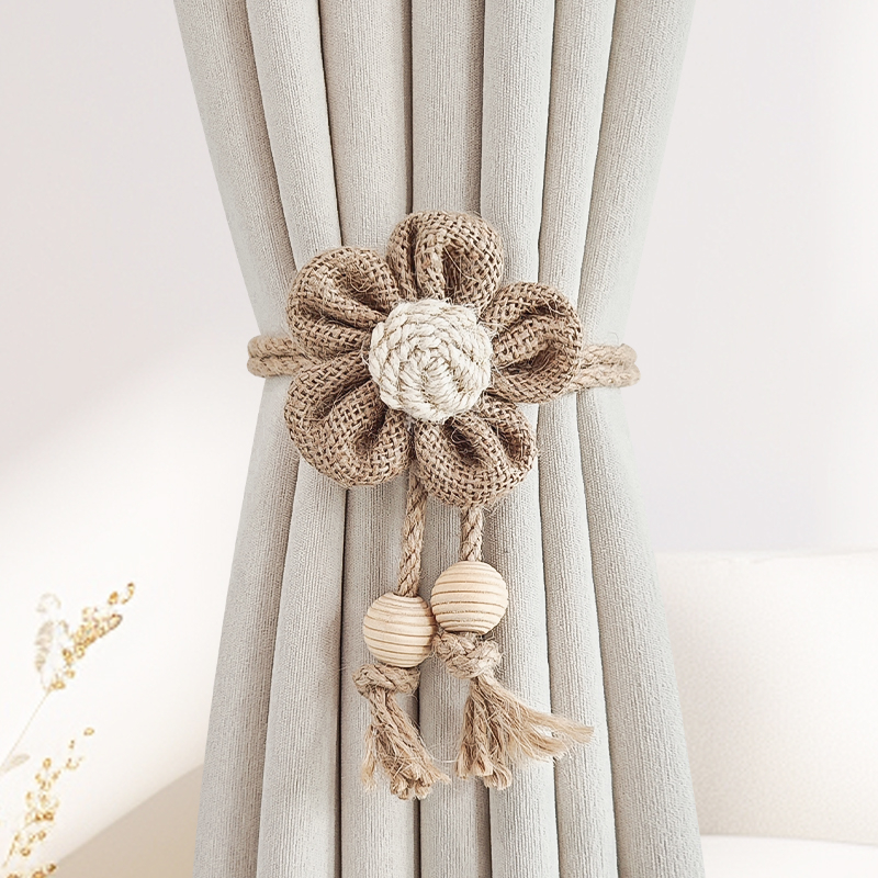 Pár függönyhurok pamutszövet és fa gyöngyökkel, mágneses kapocs a függönyhöz, tároló klipek