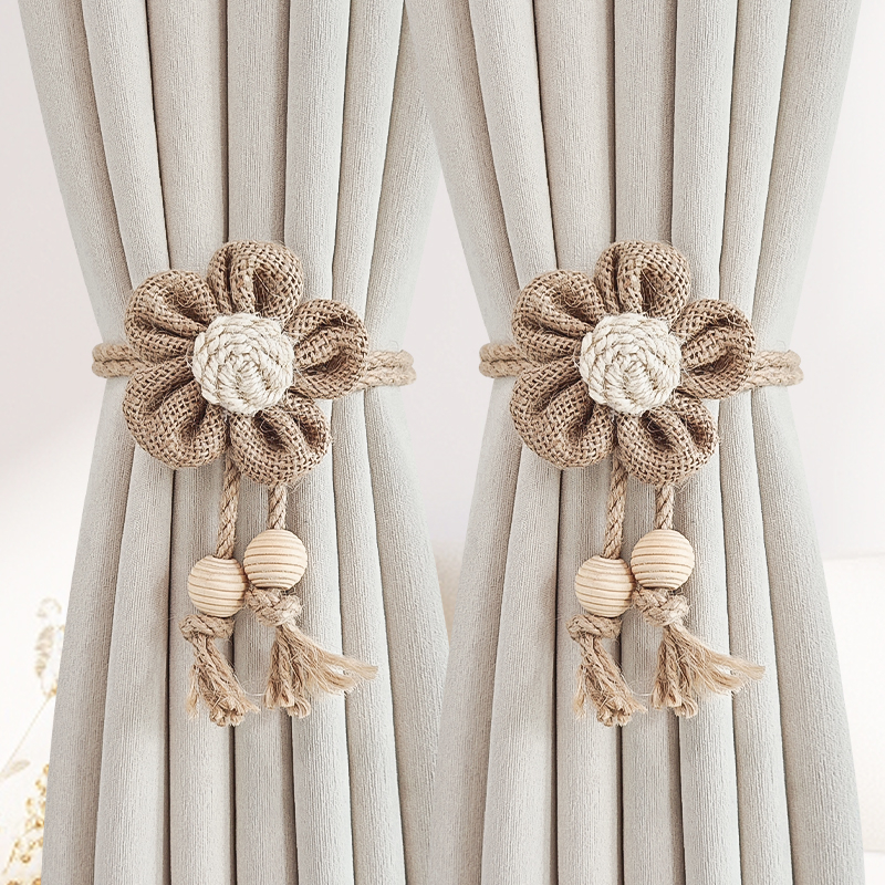 Pár függönyhurok pamutszövet és fa gyöngyökkel, mágneses kapocs a függönyhöz, tároló klipek