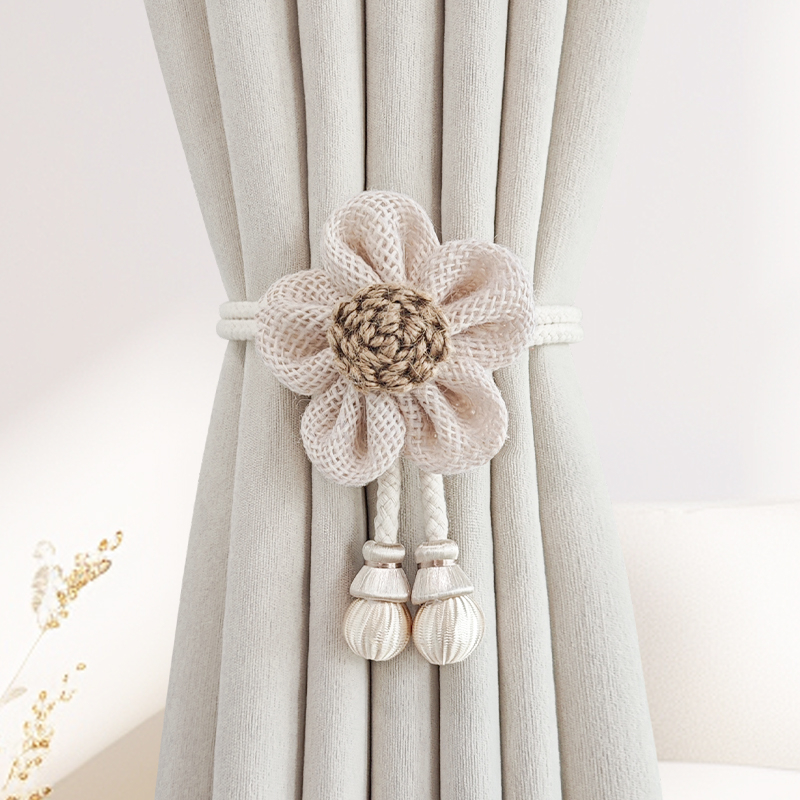 Pár függönyhurok pamutszövet és fa gyöngyökkel, mágneses kapocs a függönyhöz, tároló klipek