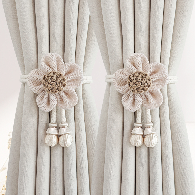 Pár függönyhurok pamutszövet és fa gyöngyökkel, mágneses kapocs a függönyhöz, tároló klipek