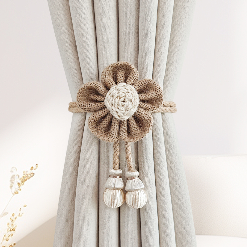 Pár függönyhurok pamutszövet és fa gyöngyökkel, mágneses kapocs a függönyhöz, tároló klipek