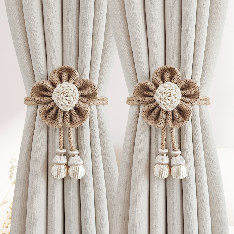 Pár függönyhurok pamutszövet és fa gyöngyökkel, mágneses kapocs a függönyhöz, tároló klipek