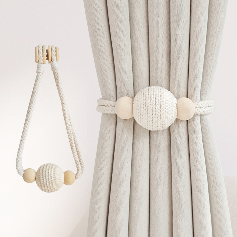 Pár függönyhurok pamutszövet és fa gyöngyökkel, mágneses kapocs a függönyhöz, tároló klipek