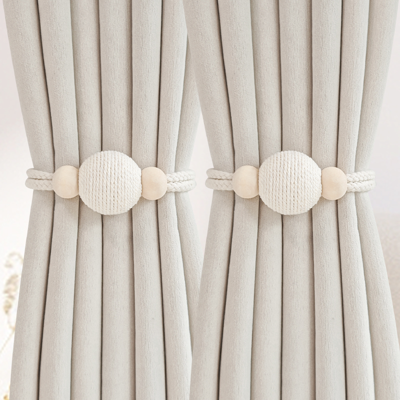 Pár függönyhurok pamutszövet és fa gyöngyökkel, mágneses kapocs a függönyhöz, tároló klipek