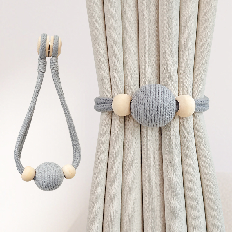 Pár függönyhurok pamutszövet és fa gyöngyökkel, mágneses kapocs a függönyhöz, tároló klipek