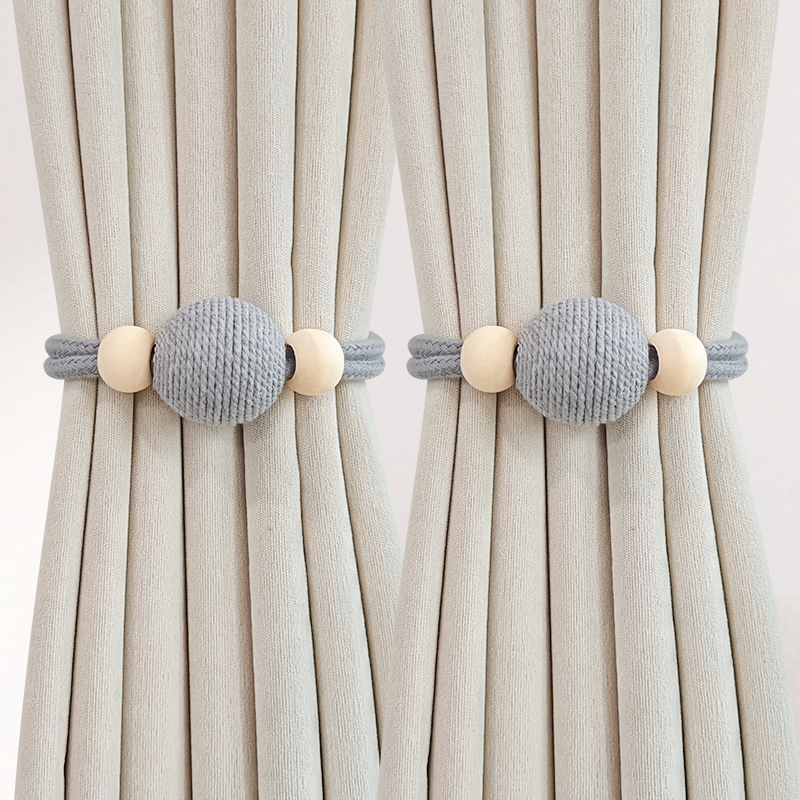 Pár függönyhurok pamutszövet és fa gyöngyökkel, mágneses kapocs a függönyhöz, tároló klipek