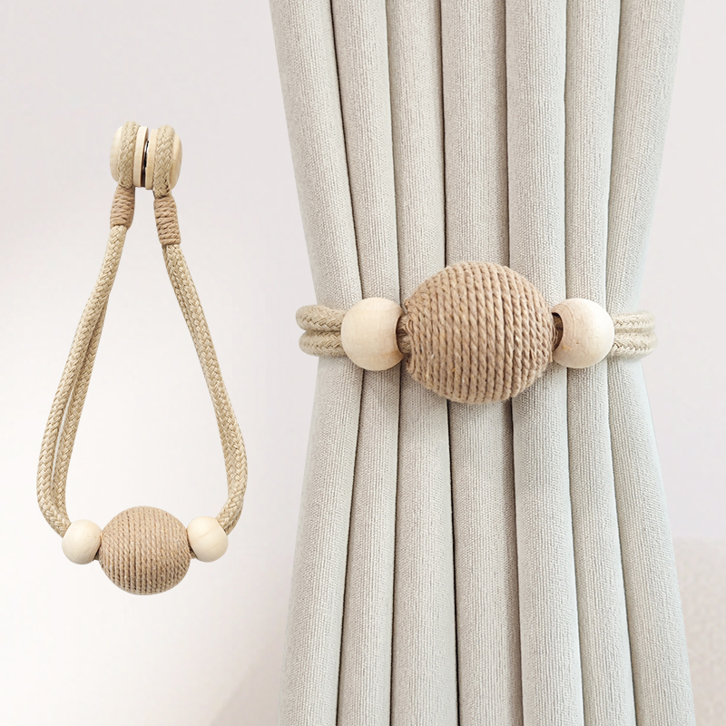 Pár függönyhurok pamutszövet és fa gyöngyökkel, mágneses kapocs a függönyhöz, tároló klipek