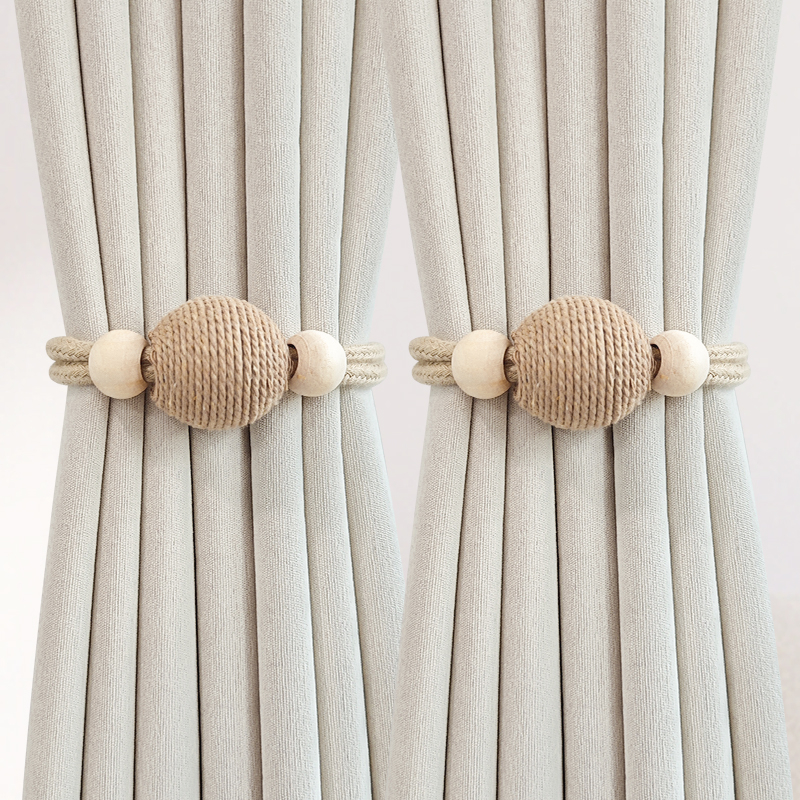 Pár függönyhurok pamutszövet és fa gyöngyökkel, mágneses kapocs a függönyhöz, tároló klipek