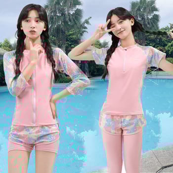 Mergaičių dviejų dalių UV apsaugos maudymosi kostiumėlis, poliesterio audinys su pamušalu, plaukiojimui