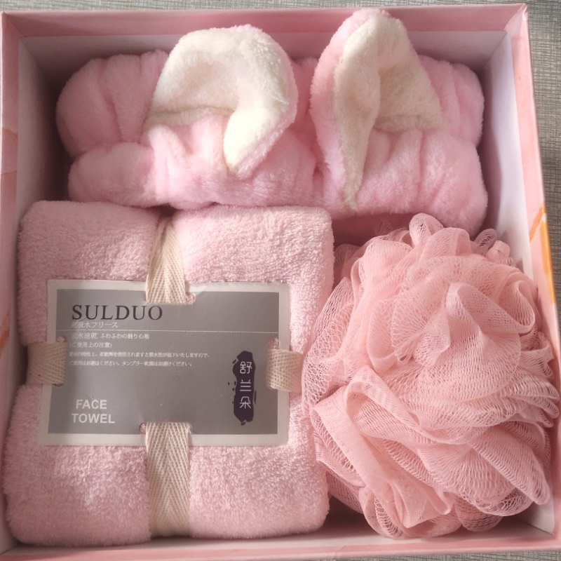 Trijų rankšluosčių dovanų rinkinys koralo veliūro dėžutėje, poliesteris 84,5% ir nailonas, prekinis ženklas Shulan duo, pritaikymas įmanomas