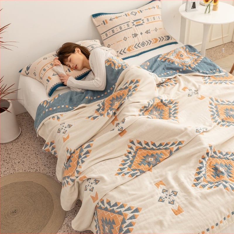 Négy réteg géz pamut takaró, 99% pamut, tavasz-ősz, reaktív nyomtatás, geometrikus minta