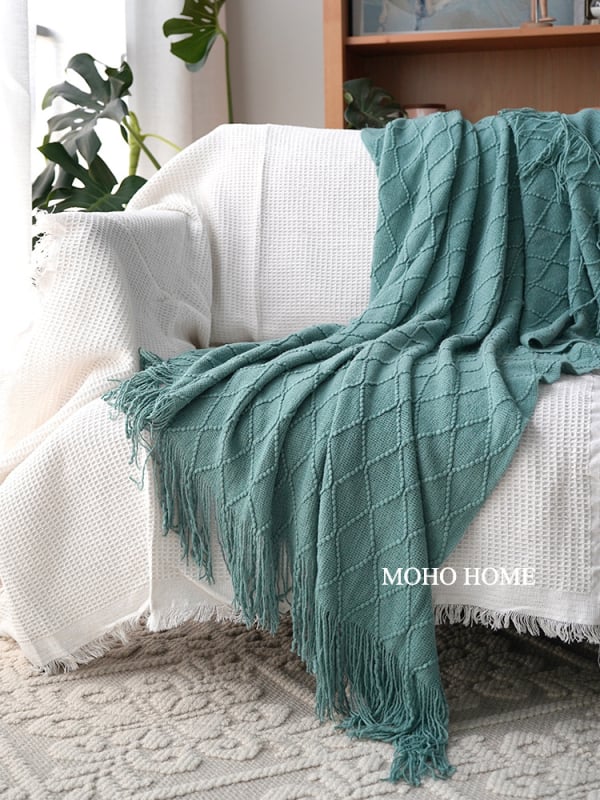 Akril jacquard kötött pléd, gyémánt mintázat, 250–350 g, tavasz–ősz, zsugorodás 2–3%