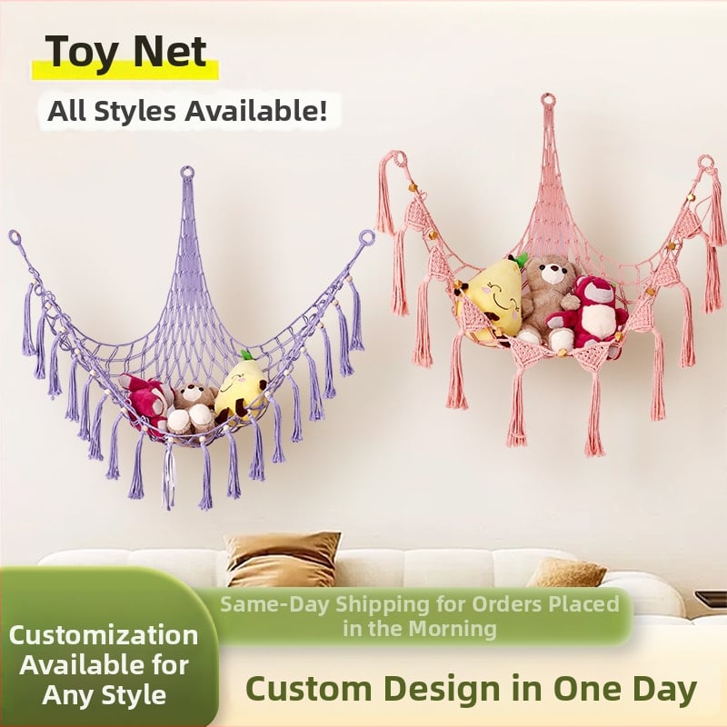 Триъгълен стенен джоб-мрежа за играчки - ръчно плетена памучна мрежа за съхранение, скандинавски стил, каре модел за детска стая